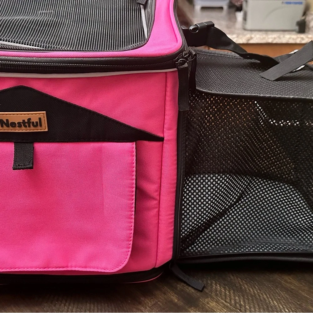 CUTE! Pink Nestful Dog Bike Basket Carrier expandable w/rest area & rain cover.